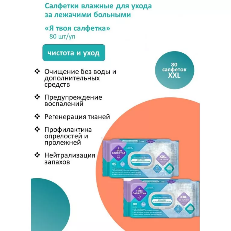 Салфетки (полотенца) влажные для ухода за лежачими больными Я твоя салфетка N80