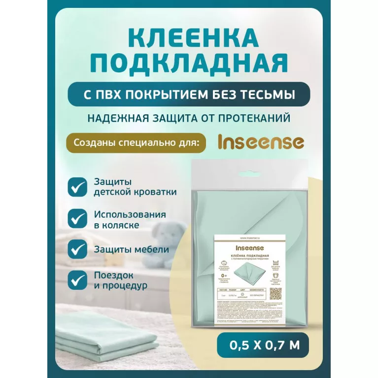 Inseense Клеёнка подкладная с ПВХ покрытием 0,5 х 0,7м бирюзовая без тесьмы